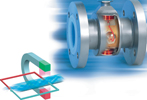 Figure 1. The operating principle used in the MID is based on allowing the medium to be measured to flow through a magnetic field and capturing the voltage level produced with two electrodes